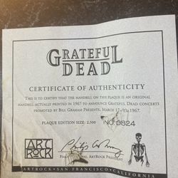 Grateful Dead Original Handbill With Cert Of Authenticity 