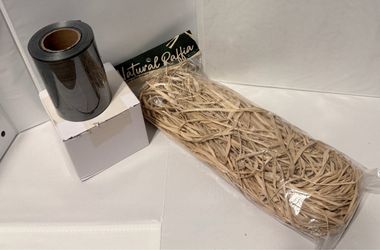 Syhood Outdoor Ribbon Poly Satin 4in  Dark Green & Natural Raffia