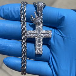 Iced Out Crown Cross Silver Rope Chain 