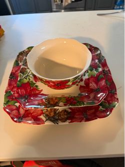 Christmas Poinsettia Ceramic Plate and Bowl Set