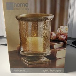 Brand New Open Box Home Collection Gold Baroque Hurricane Includes 3”x2” Candle