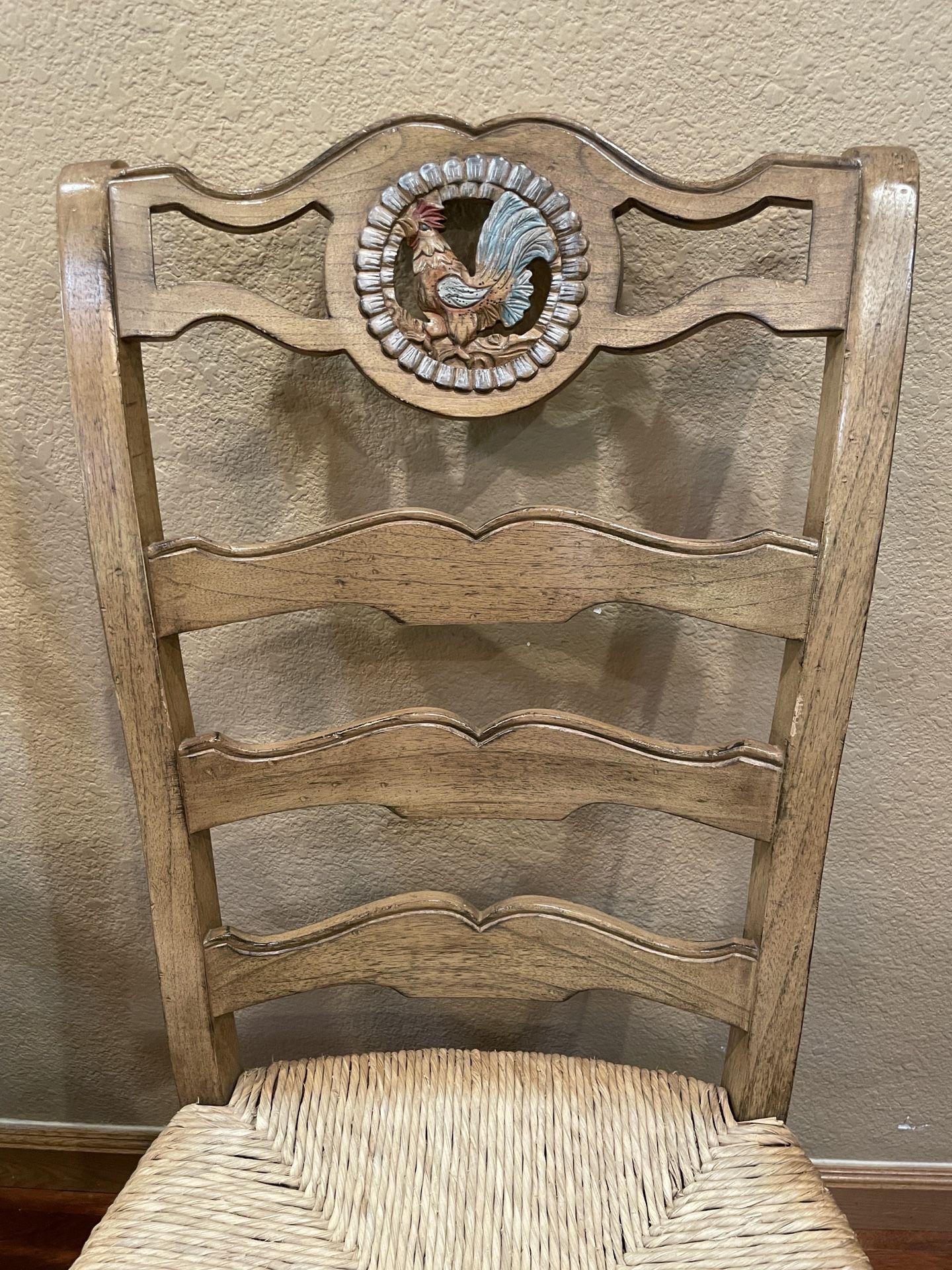 5 Country French Rooster Carved & Painted Ladder Back Chairs with Rush Seats. Very Rare. Delivery Available