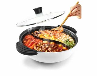 1630: Brand New Hot Pot with Divider for Induction Cooker Dual Sided Soup Cookware Two-flavor Chinese Shabu Shabu Pot for Home Party Family Gathering,