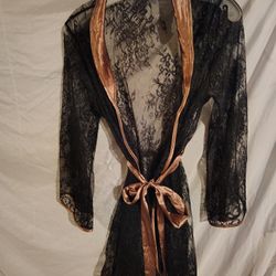 Silky Nightgown With A Black Lace Robe