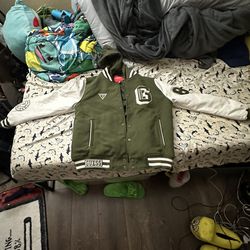 Guess Letterman Jacket Medium Green And White