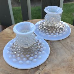 Set of 2 Vintage Fenton Moonstone Opalescent Hobnail Milk Glass Candle Holders