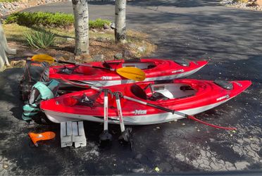 Complete Kayak Package (2 Pelican Maverick 100X Kayaks) + Paddles, Life Jackets, Upright Roof Racks and Foam Kayak Carriers