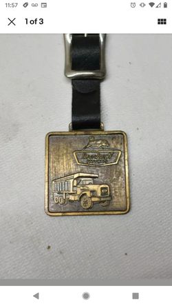 Nice Vintage Brass Enamel Brockway Truck Gold Watch Fob & Leather Strap Huskie 2