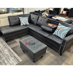 Black faux leather sectional sofa with storage ottoman 