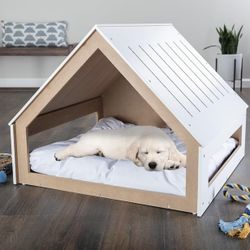 Modern Indoor Dog House / Pet Bed (Wood, White, Cushion Included)