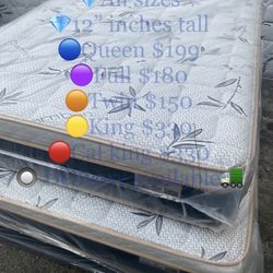✨Mattress pillow top✨ 💎All sizes 💎12” inches tall 🔵Queen $200 🟣Full $180 🟠Twin $150 🟡King$330 🔴Cal king $330 🔘 Delivery available🚛