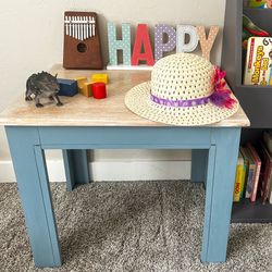 Rustic Blue Rectangular Side Table With A Whitewashed Veneer Top