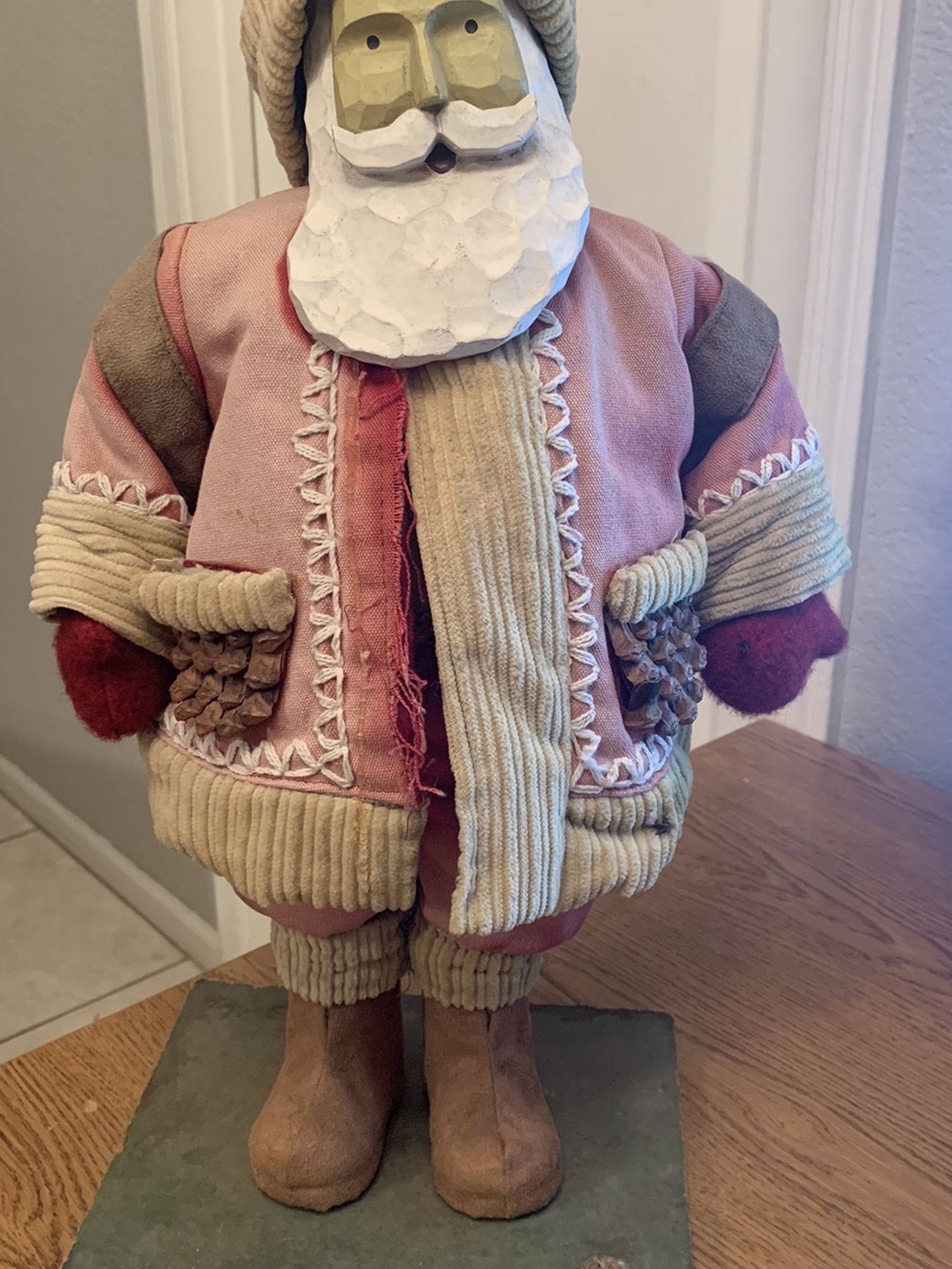 Unique Vintage 20" Carved Resin Face Santa with Foam Body on Wood Stand Pincone