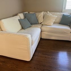 Sectional Sofa Couch. Down Filled Cushions. Cream Slip Covers.