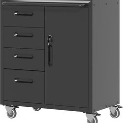 G107-Metal Storage Cabinet with Wheels, Garage Storage Cabinet with 1 Door and 4 Drawer, Rolling Tool Cabinet, Assembly Required, Black