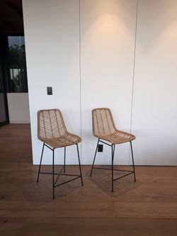 Pair of Woven Bar Stools with Black Metal Frames