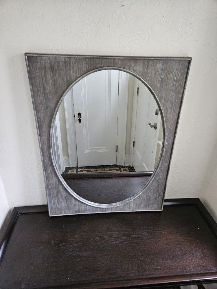 Gray Distressed Weathered Faux Wood Rectangle Frame With Oval Accent Mirror