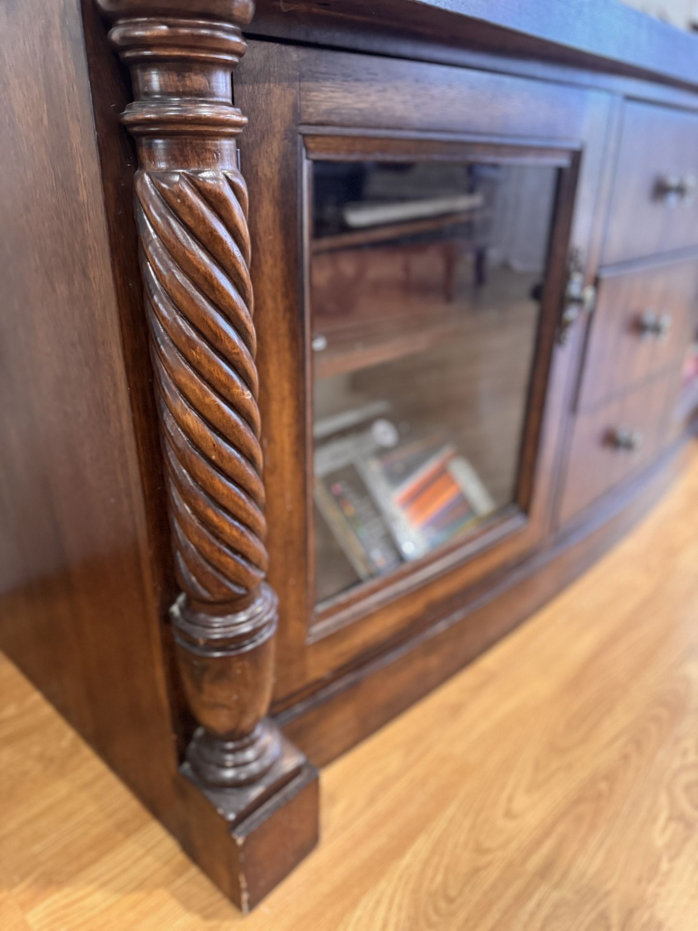 Solid Wood Entertainment Center with Glass Cabinets & Drawers