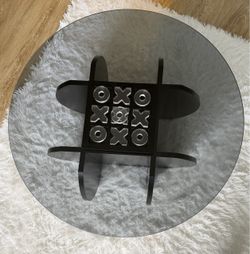 Black Coffee Table, 31.5" Round Glass Coffee Table w/Tic Tac Toe