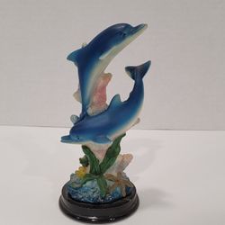 Decorative Dolphins Swimming Dancing Waves Teal Blue Statue 5” Tall
