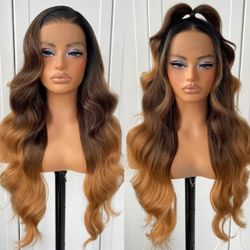 13x6 Ombre HD Lace Front Wig pre plucked Glueless Wear And Go Synthetic Body Wave Lace Front Wigs Highlight Lace Front Wig  26inch Length 