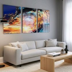 Glass art wall art panels 3 sunset wave