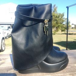 Women Round Toe Wedge Heel Fold Over Mid-calf Pull On Boots