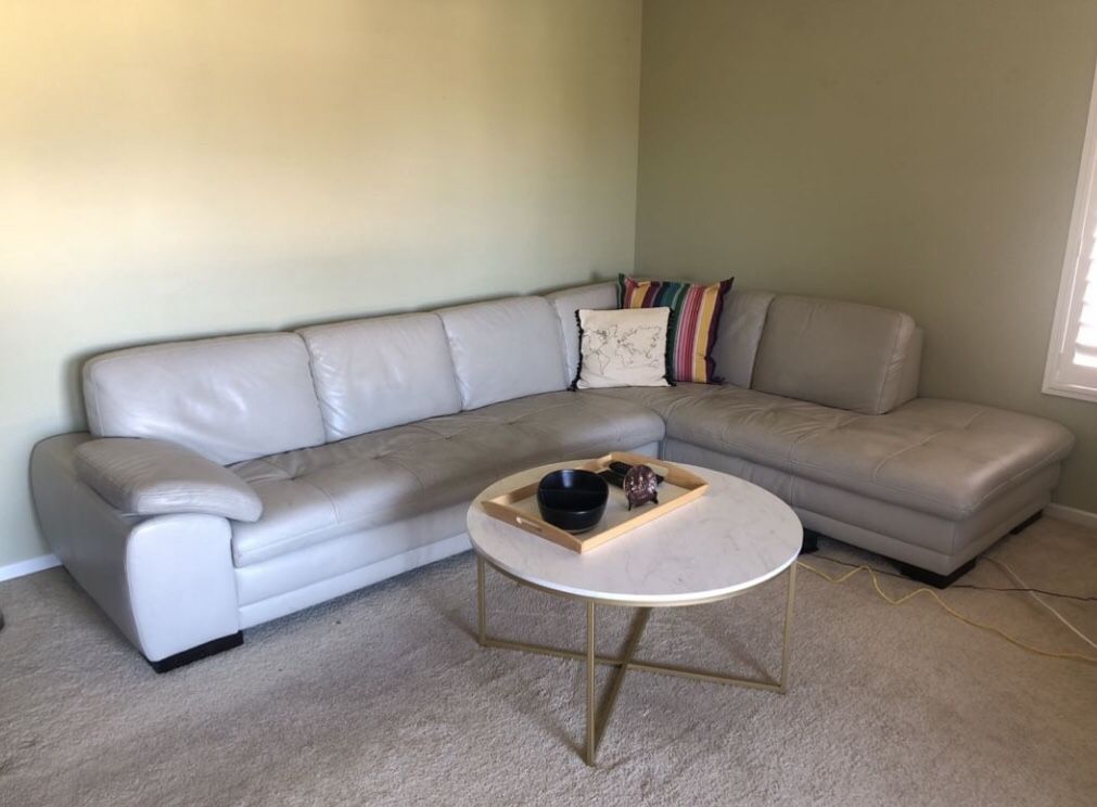 Beige real leather sectional sofa couch