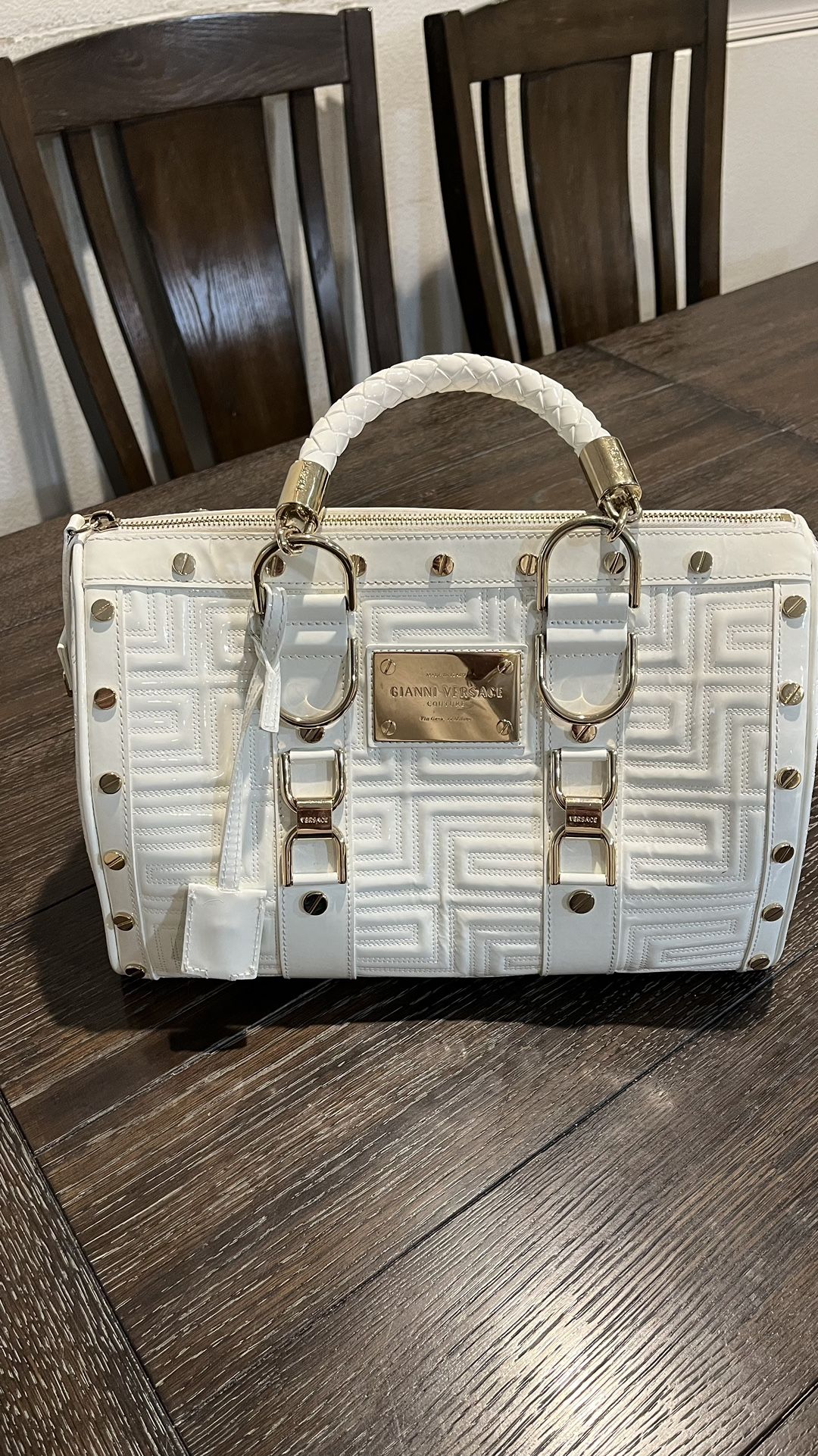 GIANNI VERSACE couture Made In Italy hand Bag, Like New, White With Gold