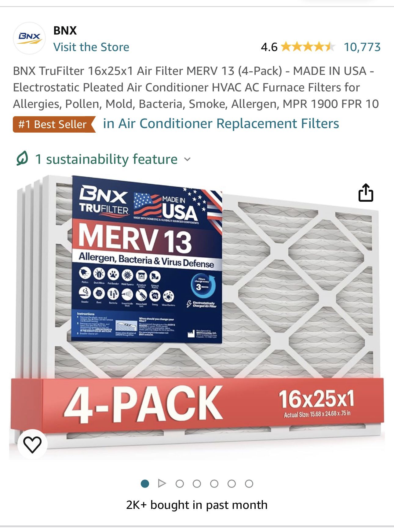 MERV 13 Air Filter 16x25x1
