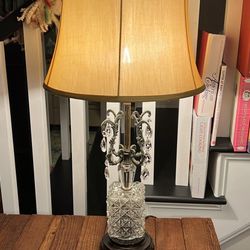 Vintage reconditioned farmhouse crystal and brass table lamp with shade