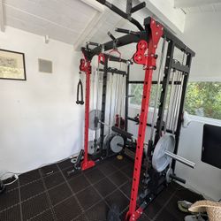 Smith Machine Workout Cage, Cables With Weights 