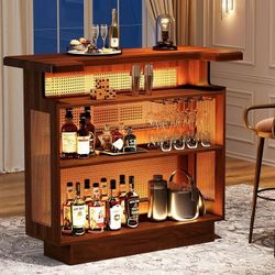 Tribesigns Farmhouse Storage Straight Bar with Stemware Racks and Wine Racks, Caramel Brown