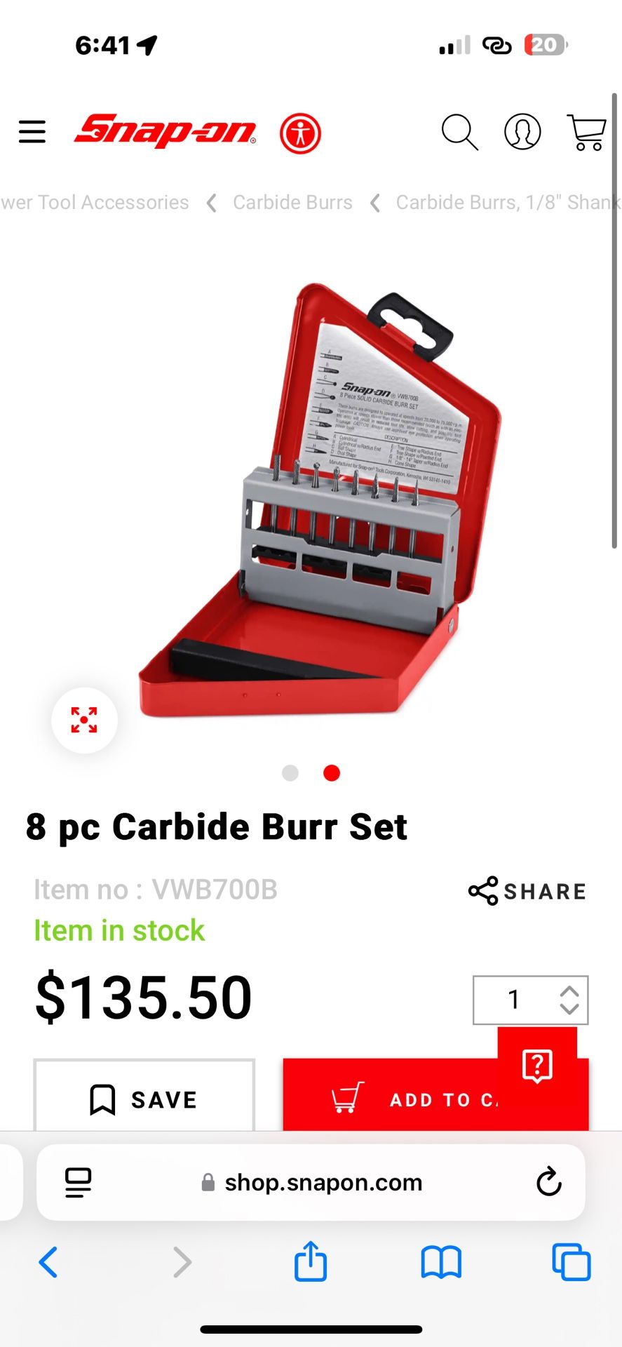 Snapon 8 pc Carbide Burr Set Item no : VWB700B