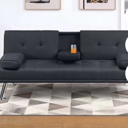 Convertible SOFA W/FOLD- DOWN TABLE  66"x 31"x29"H (Up) 66"x 37"x16"H (FLat) Black Faux leather or brown  Black linen like Fabric 