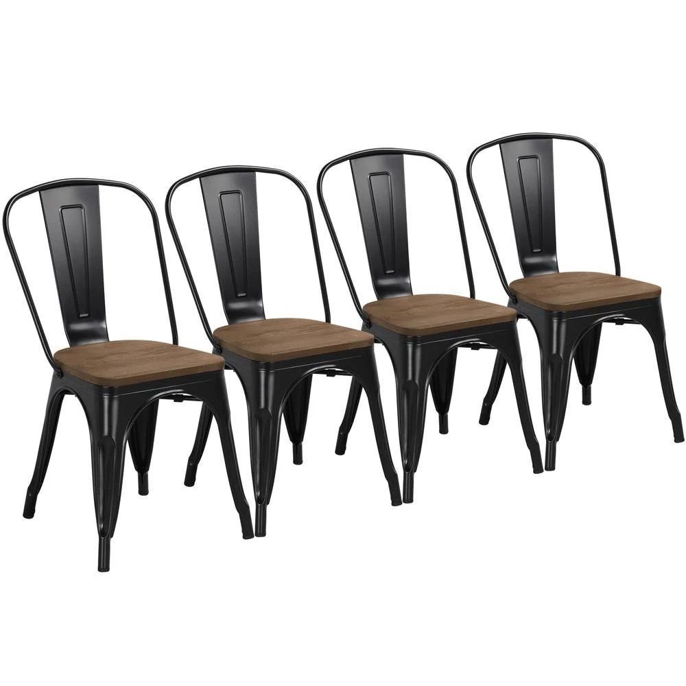 Metal Dining Chairs w/Wooden Seat, Classic Chic Bar Chairs, Trattoria Bistro Cafe Shop Stackable Side Chairs, Set of 4 Stools
