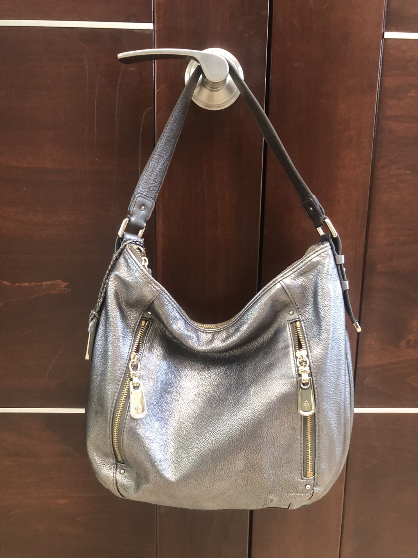 Silver Cole Haan Boho Handbag (purse) w/Burgundy Lining