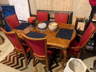 Wood Dining Table with 6 Red Upholstered Chairs