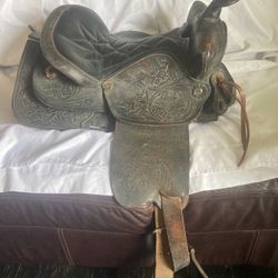 Horse Saddle 15” Leather Carved 