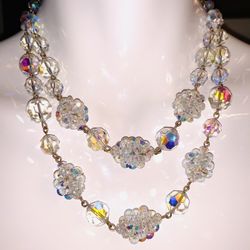 RHINESTONE IRIDESCENT MULTIFACETED TWO STRAND CRYSTAL 15”-16” CHOKER w/ Matching Spring loaded Clip On Earrings Vintage