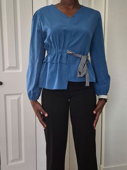 Blue Peplum Blouse with Checkered Tie Belt