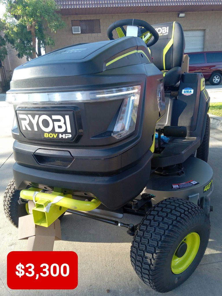 Ryobi 80V HP Brushless 42in.  Battery Electric Cordless Riding Lawn Tractor With (3) 80V 10Ah Batteries and Charger 