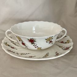 Copeland Spode Cream Soup & Saucer With Swirl Yellow Red Flowers Fair Condition, pattern 2/8687