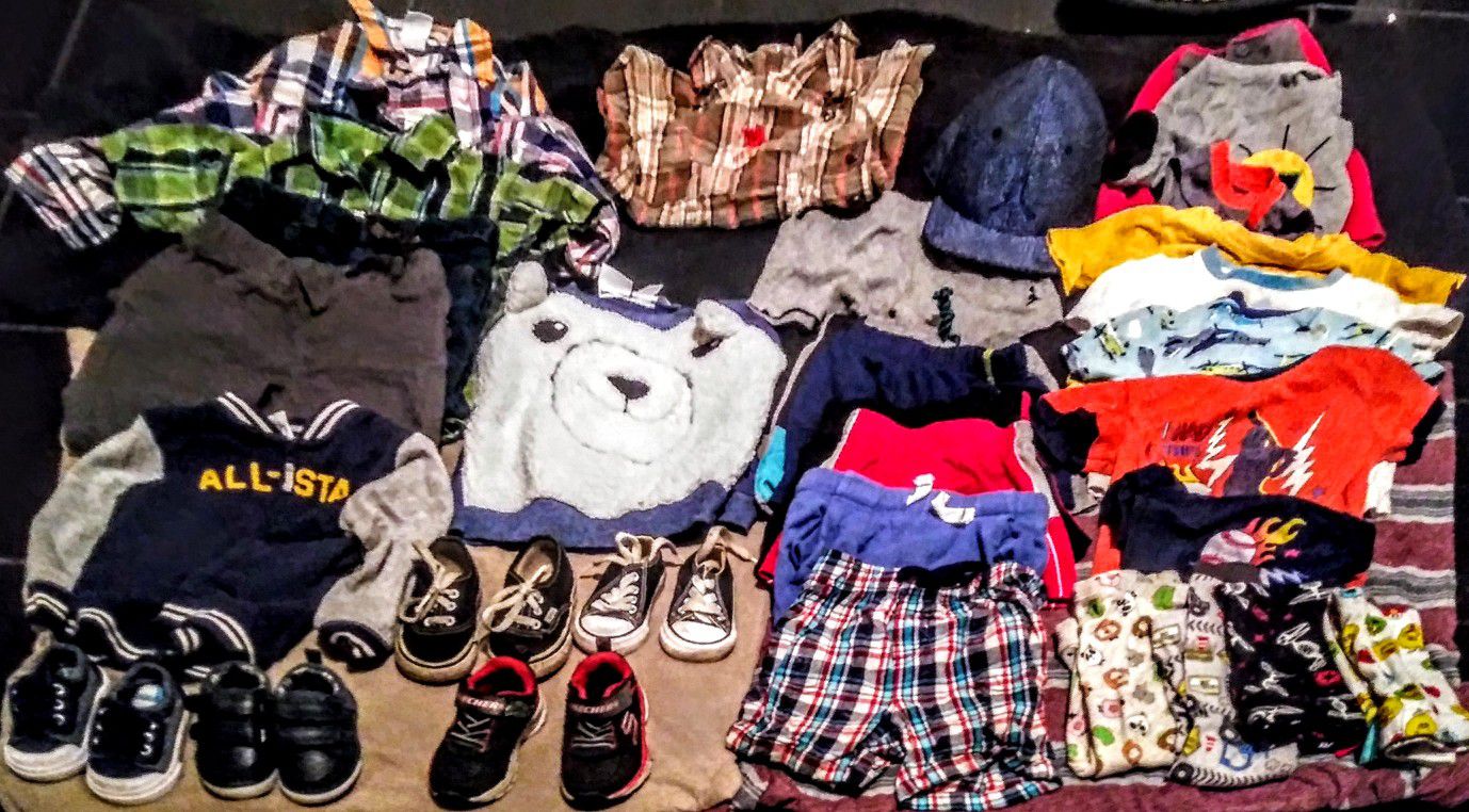 Toddler clothes 12, 18, and 24 months, size 4 and 5 shoes,pajamas and sweaters, baby crib that converts into toddler bed and size 7 diapers