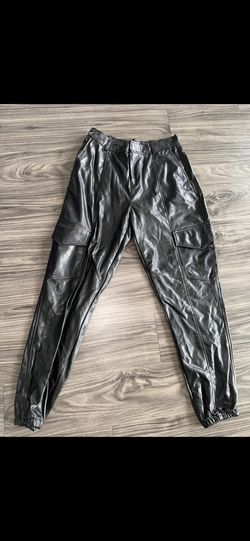 Black faux leather cargo jogger pants 