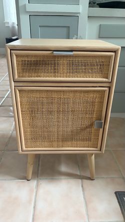 Boho Chic Rattan Nightstand/Accent Cabinet – Natural Pine Wood