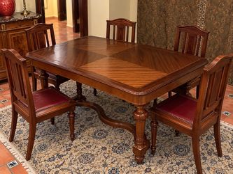 French Revival Carved Mahogany Antique Dining Table 5 Chairs Set