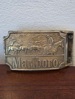 Vintage Marlboro Belt Buckle Cowboy Roundup Brass Retro Western Ranch Farm