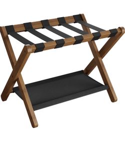 SONGMICS Luggage Rack, Folding Suitcase Stand with Storage Shelf, for Guest Room, Hotel, Bedroom, Heavy-Duty, Holds up to 131 lb, Walnut Brown URLR007