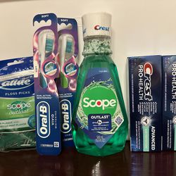 Oral Care Bundle Crest, Oral B, Glide, Floss, Toothbrush, Toothpaste, Mouthwash 